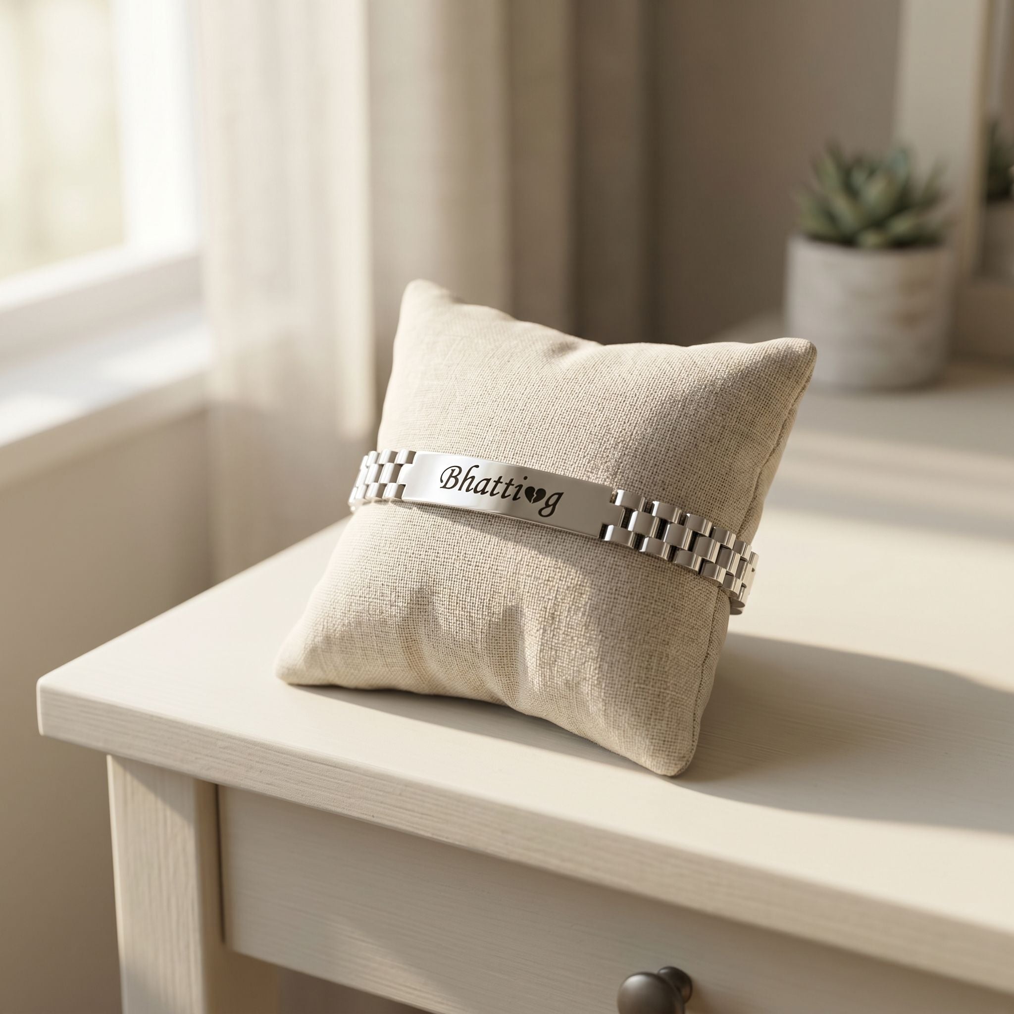 Engraved stainless steel Rado-inspired bracelet resting on a jewelry pillow on a minimalist vanity table in natural sunlight, highlighting its subtle elegance.